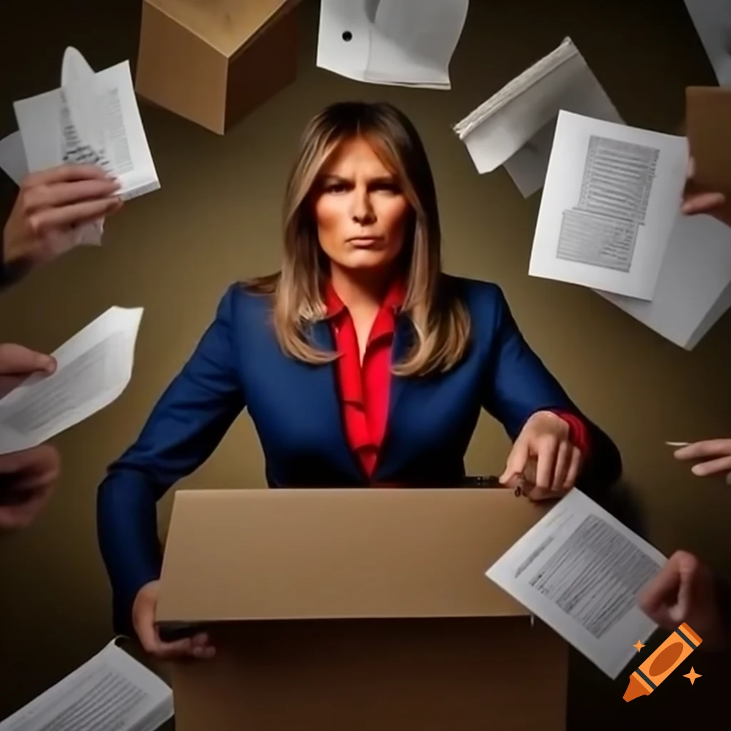 Photorealistic depiction of Melania Trump and Vladimir Putin exchanging a box of papers
