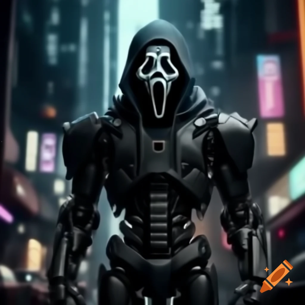 GhostFace robot armor in a vibrant cyberpunk cityscape