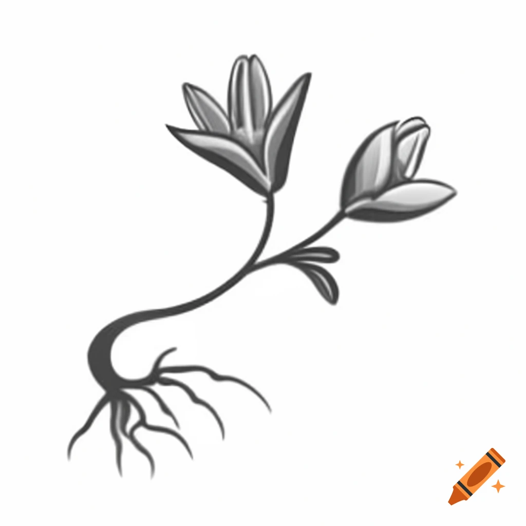 Grayscale depiction of flower stem and root