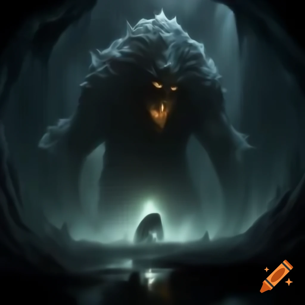 Dark spooky cave with glowing monster in the distance