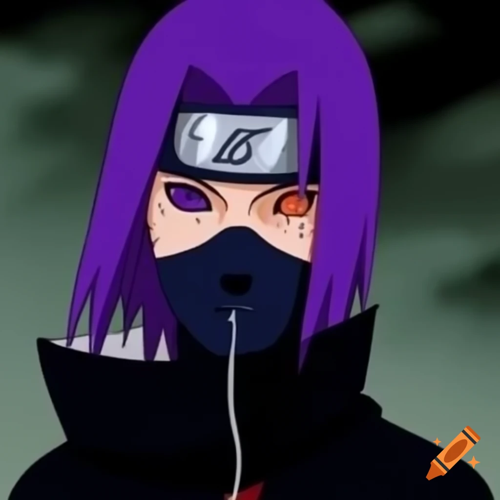 Purple-haired ninja character with lightning symbol and Jougan eyes, wearing black clothes