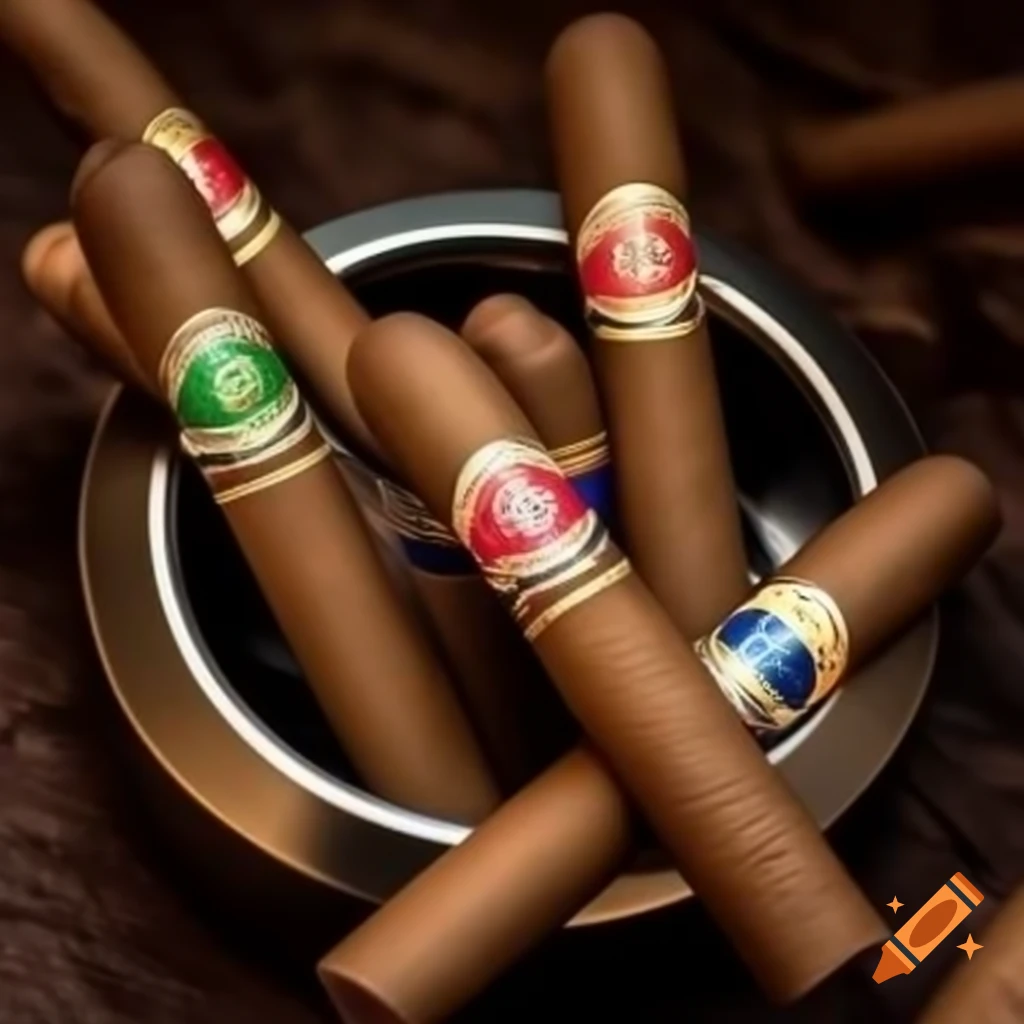 Five Cuban cigars arranged around an ashtray