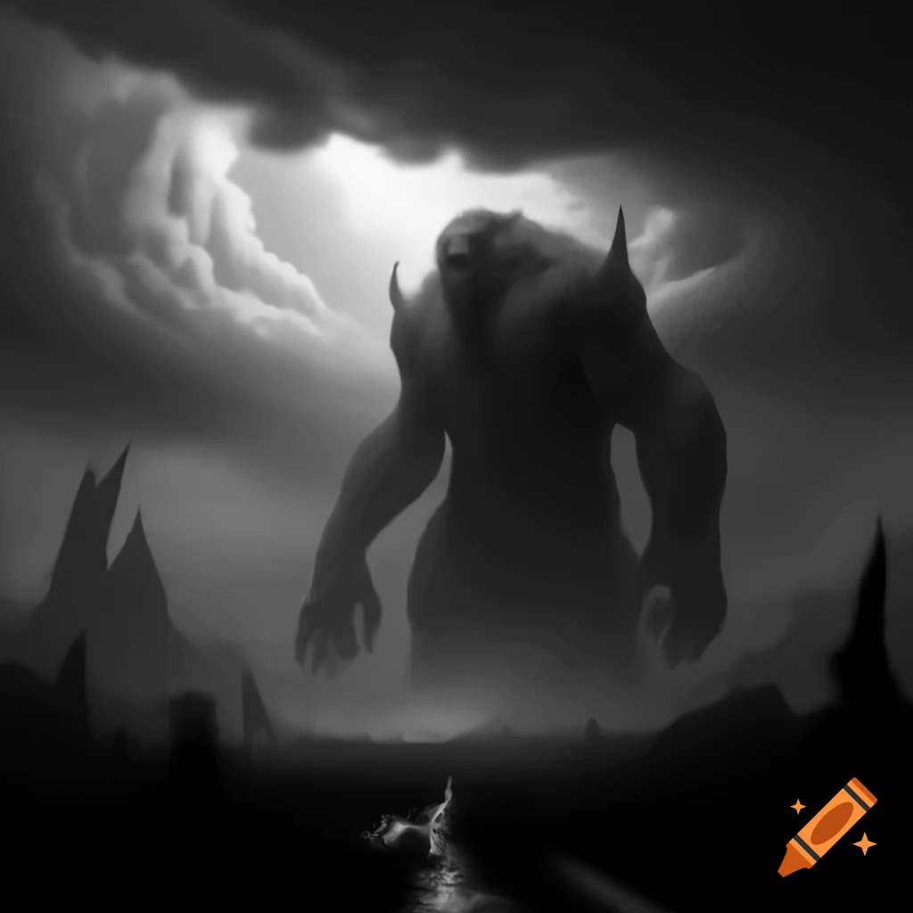 Black and white silhouette of storm giant from Dungeons and Dragons