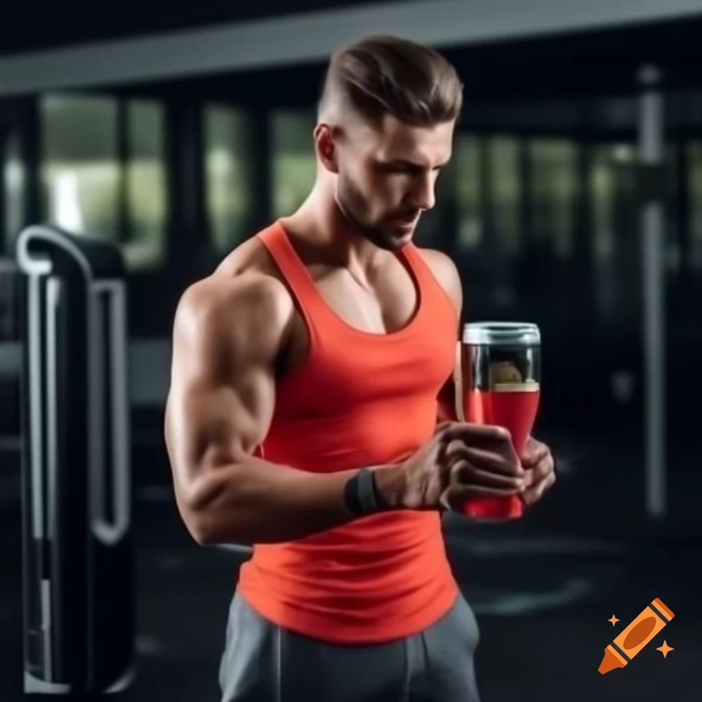 Consultant lifting weights in gym while drinking a shake