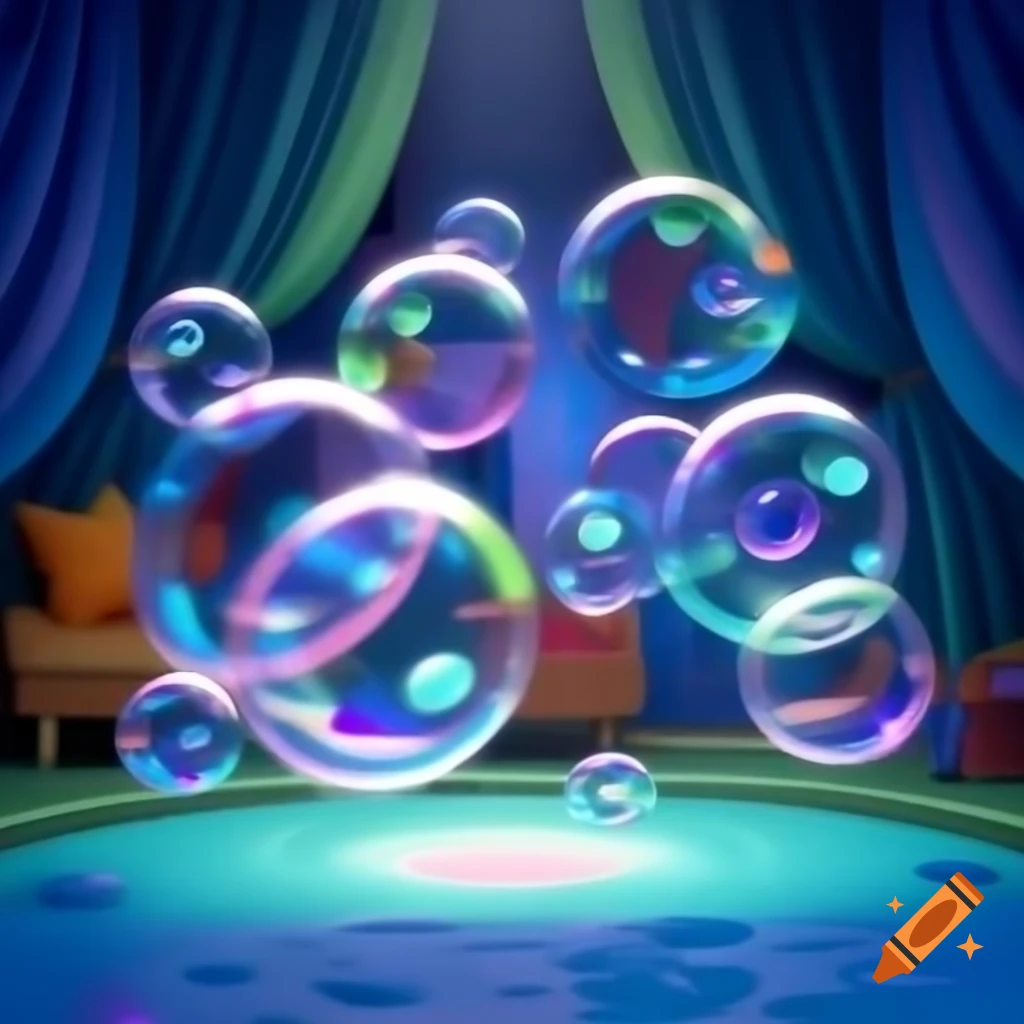 Vibrant bubbles floating in colorful room creating a whimsical atmosphere