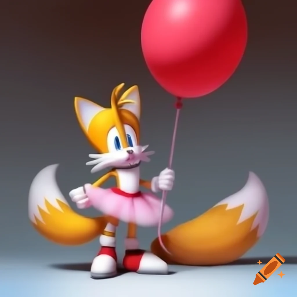 Tails the fox in pink ballerina tutu holding red helium balloon