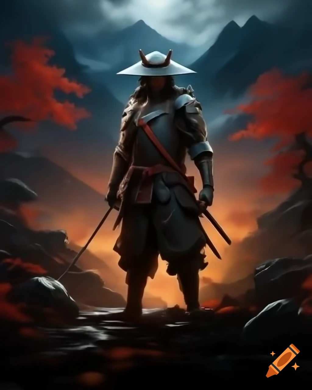 Wandering samurai outlaw in mountain forest during evening in fall weather, dark fantasy