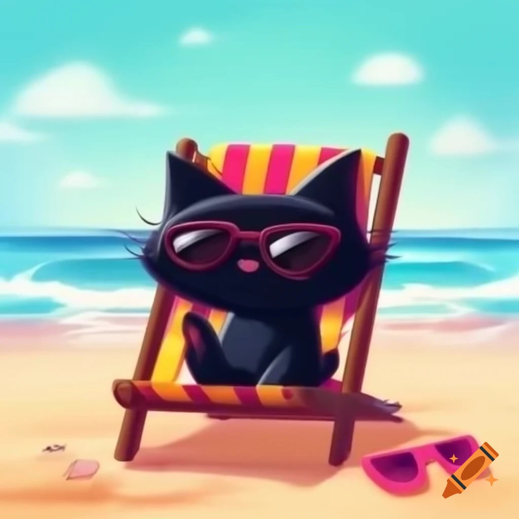Cartoon black cat wearing sunglasses relaxing in beach chair