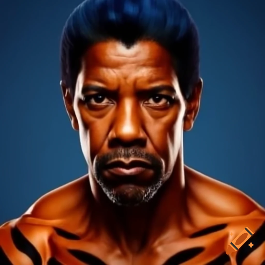 Muscular character with tiger-style makeup featuring blue hair and orange skin