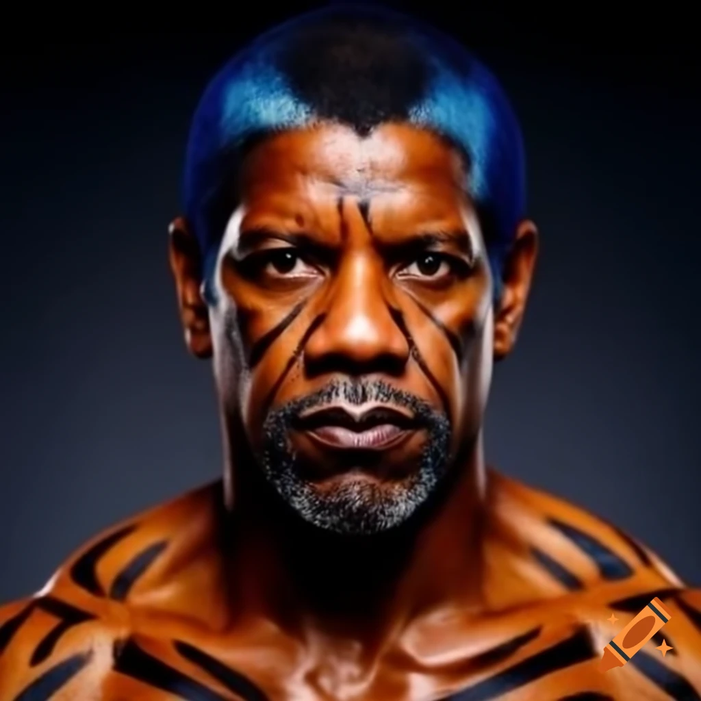 Muscular figure with tiger-style makeup featuring blue hair and orange skin