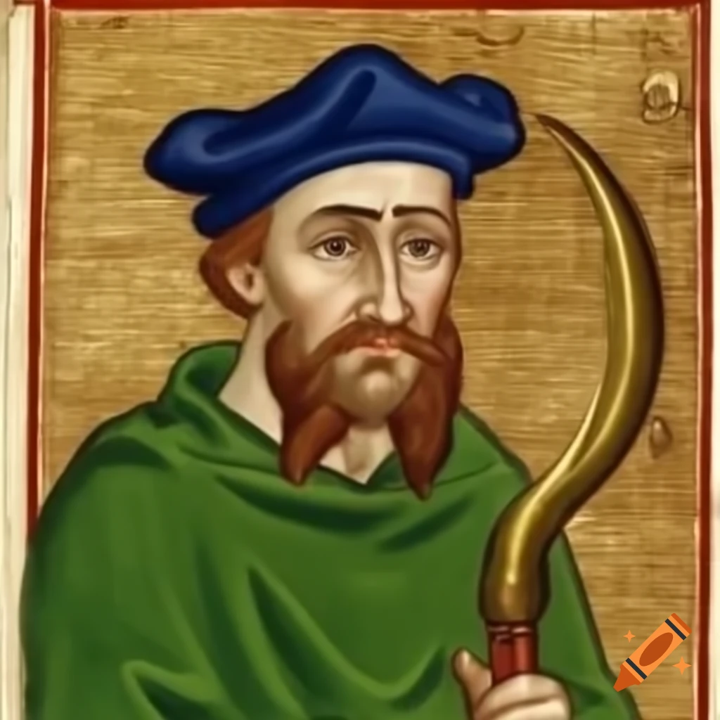 Medieval manuscript style portrait of Alfred Molina as a Nurgle alchemist cultist in green attire