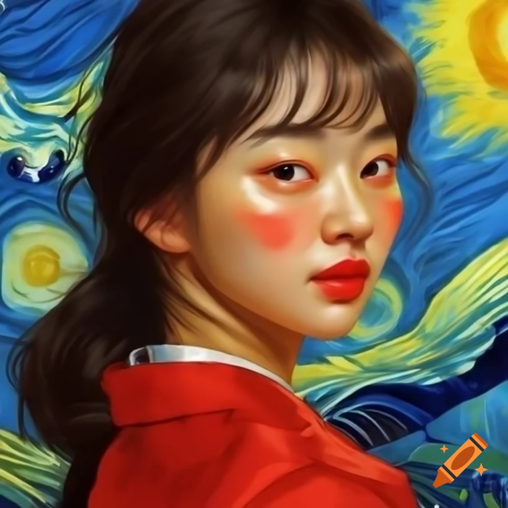 Portrait of Korean woman in red, animated style, with Van Gogh and Rembrandt influences