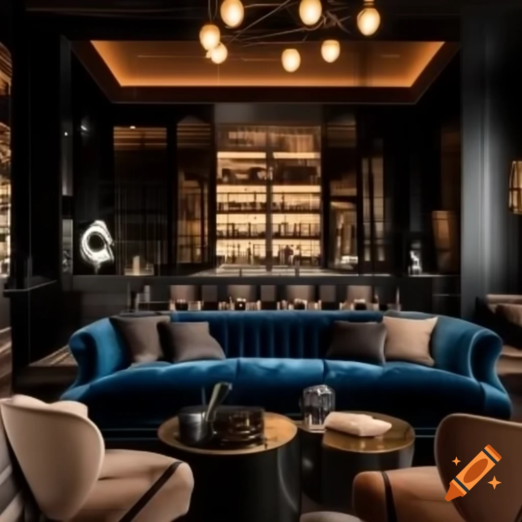 Elegant black interior design for a bar and living room with blue velvet sofa and marble finishes