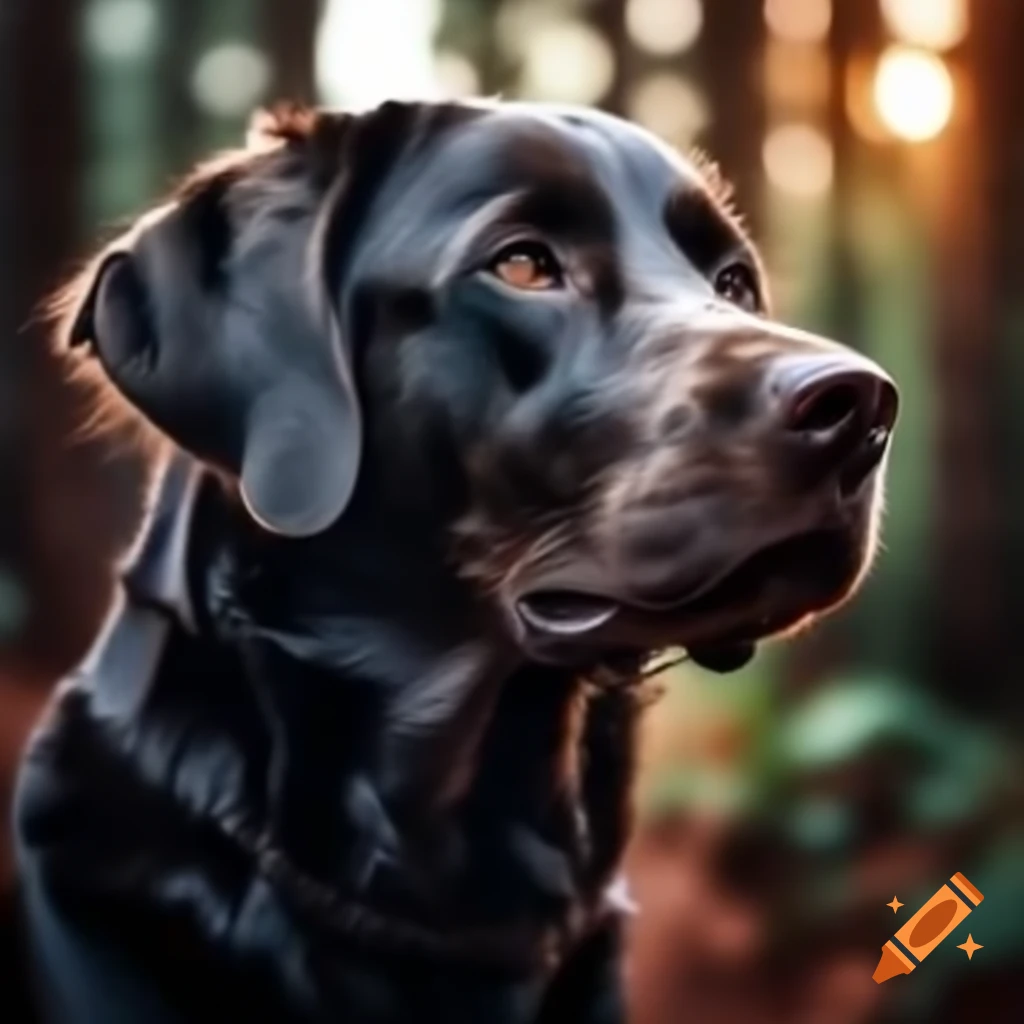 Black Labrador Retriever in forest with trees, front view