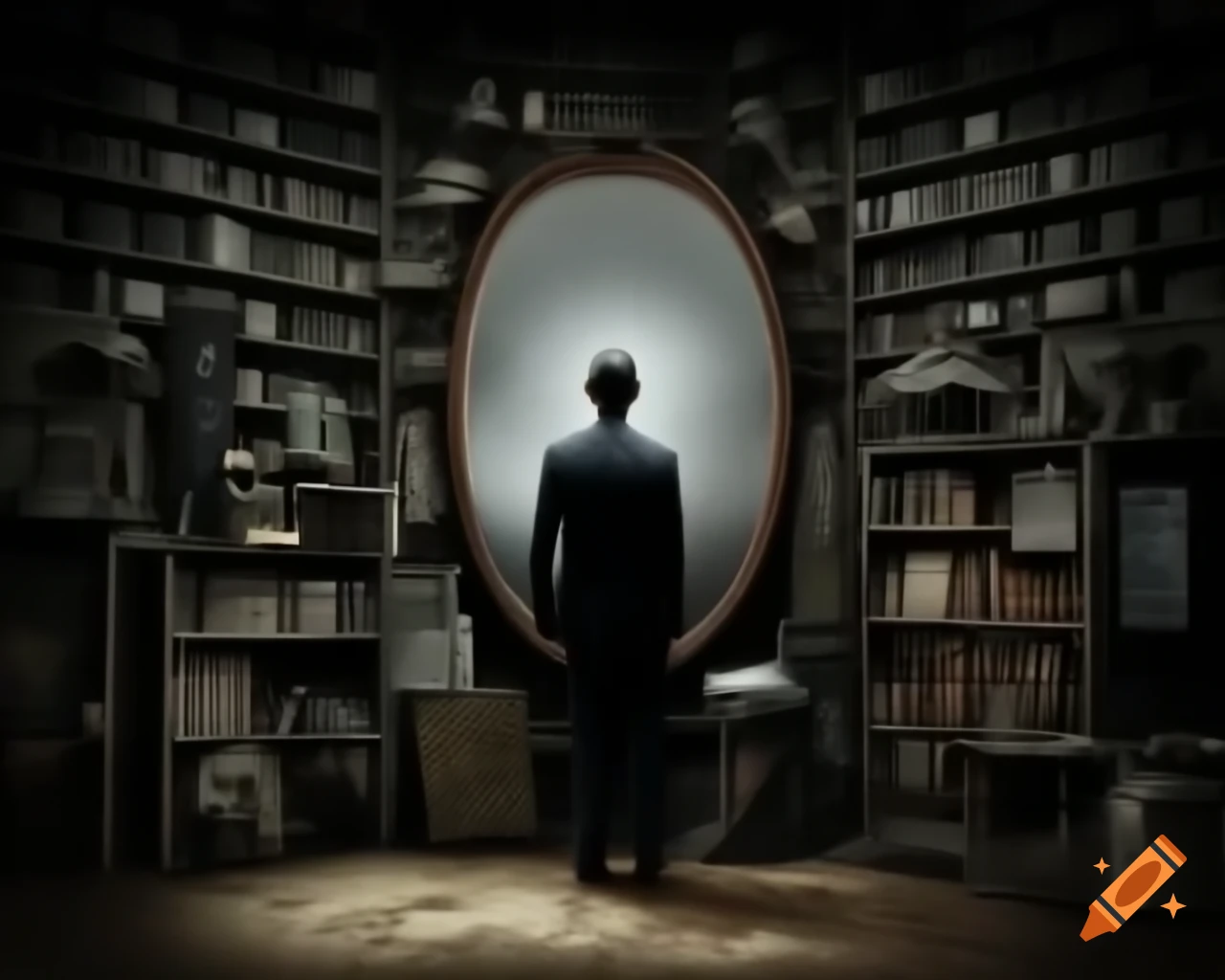 Gentleman in dark mystical room with mirror, books, and artifacts
