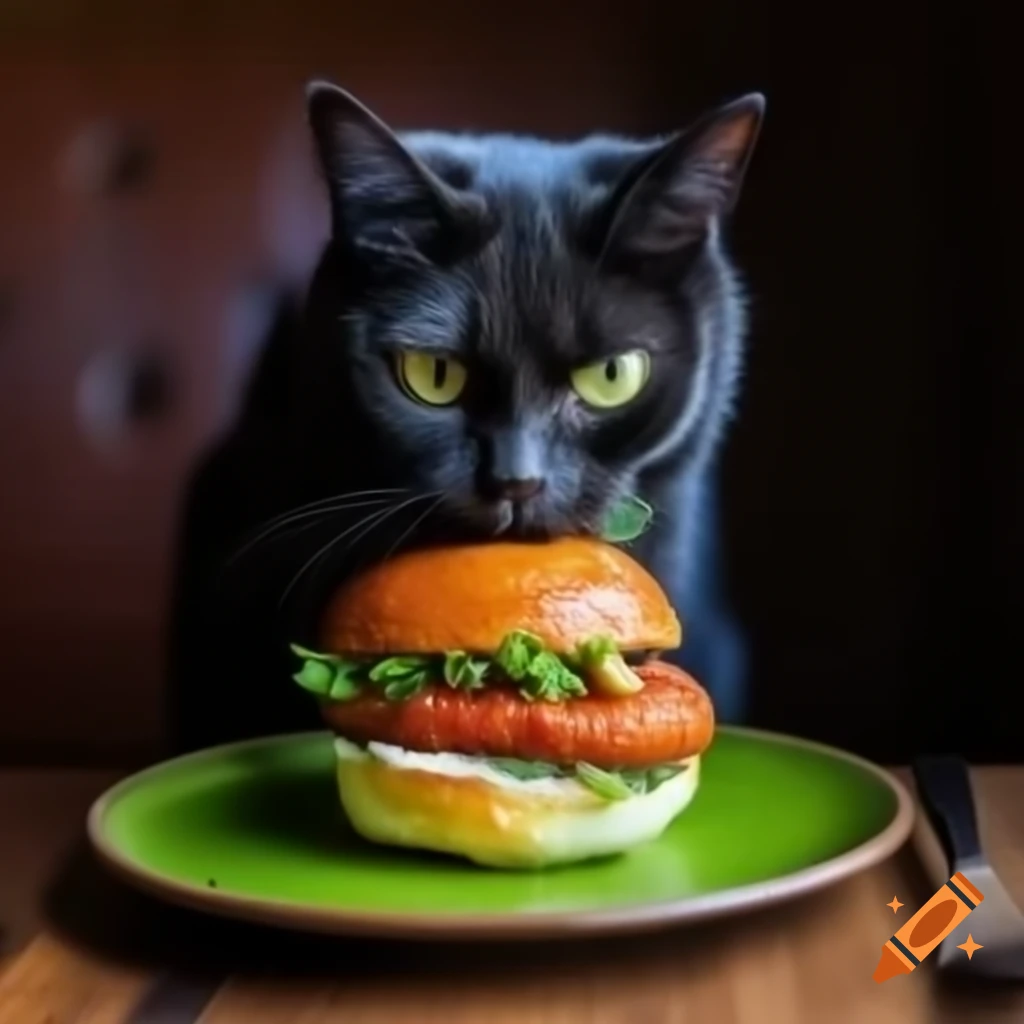 Happy black cat enjoying hamburger on shiny plate