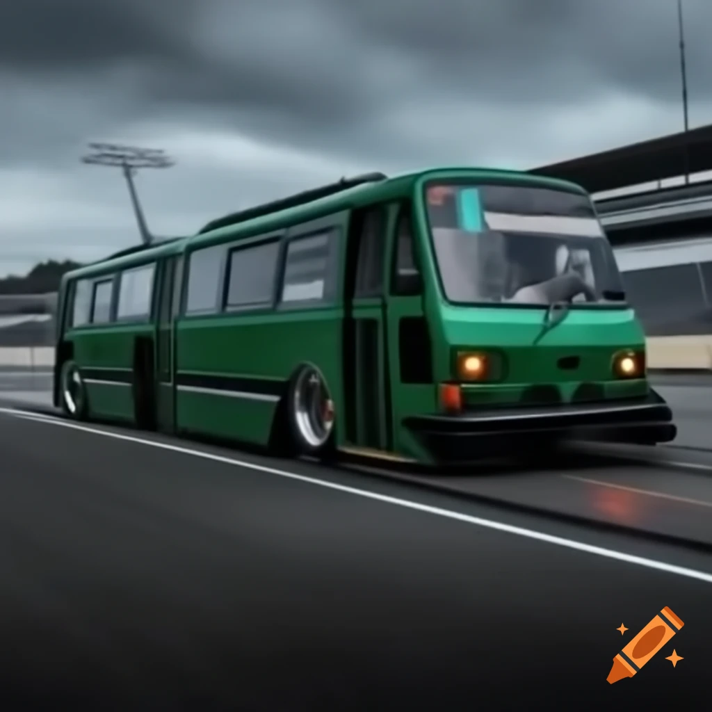 Custom tram drifting on track with spoiler, paint job, and subwoofers