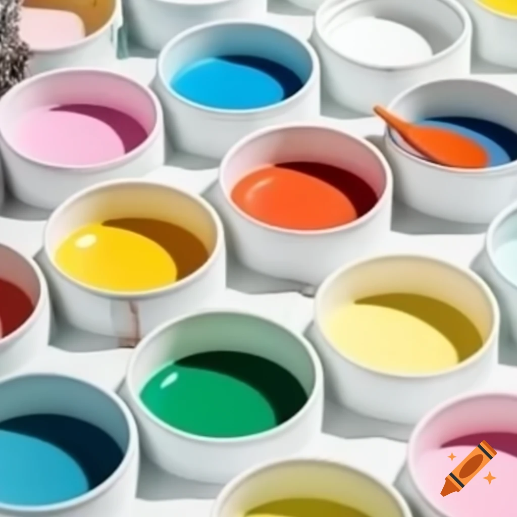 Row of shallow paint cups filled with vibrant colors