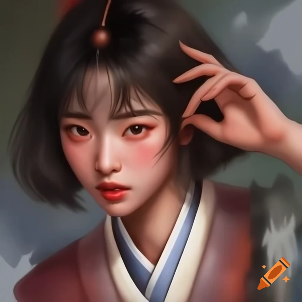 Detailed digital portrait of a charming Korean woman in watercolor style