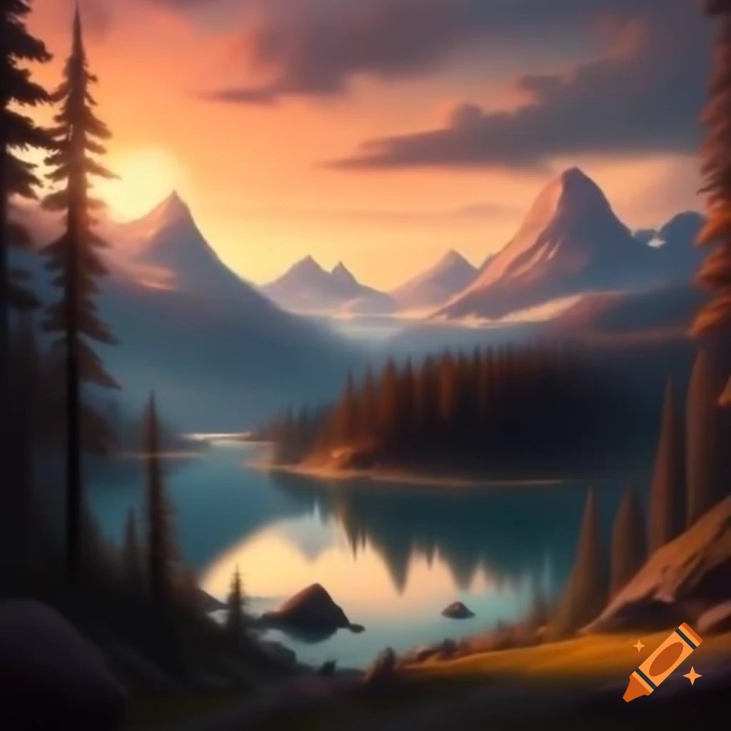 Fantasy landscape featuring trees, lakes, and mountains at dawn