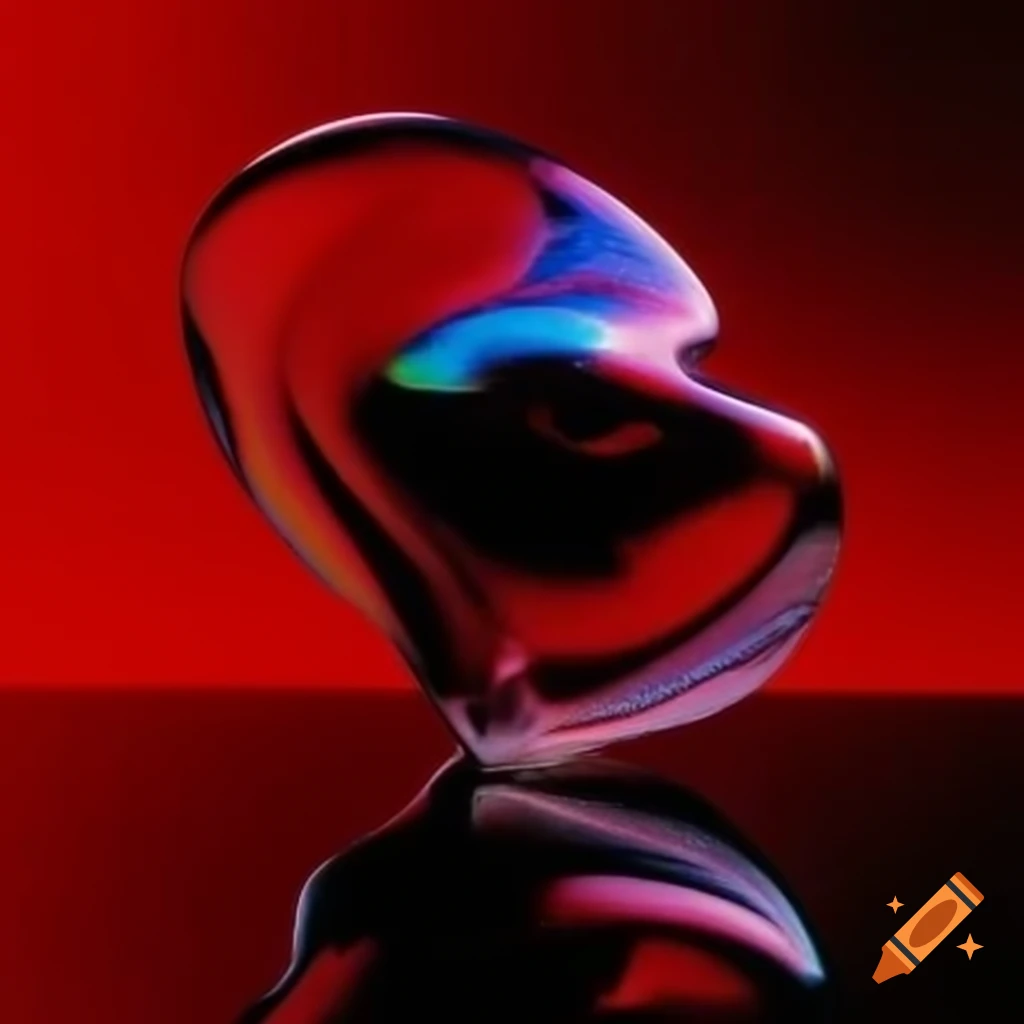Pop surreal 2000's photography featuring iridescent red glass statue