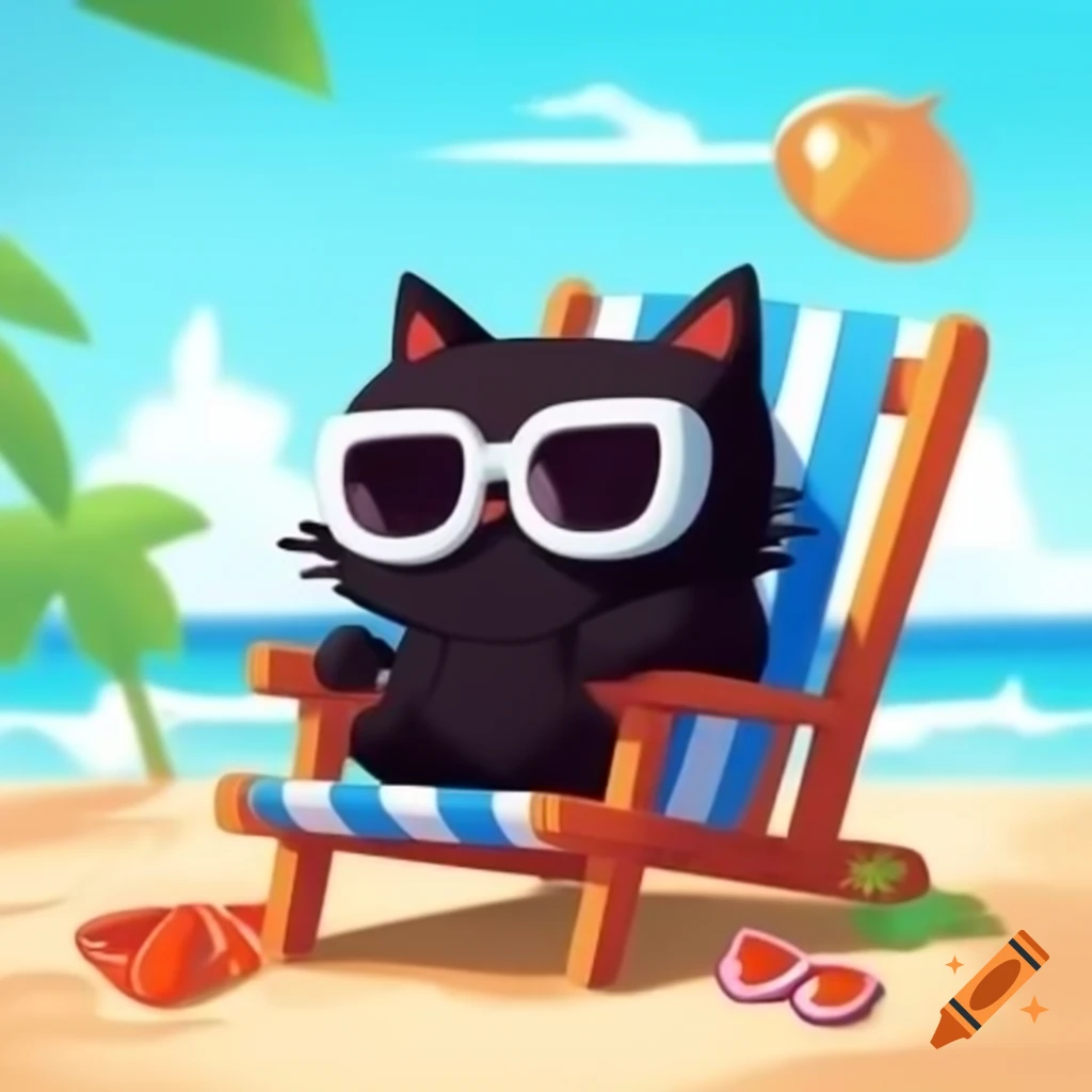 Cartoon black cat wearing sunglasses on beach chair