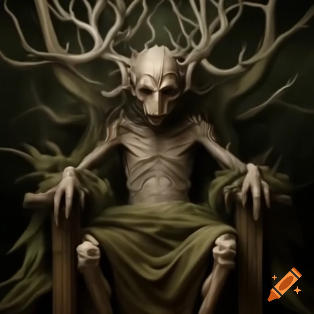Undead creature with tree-like appearance on throne, inspired by historical art