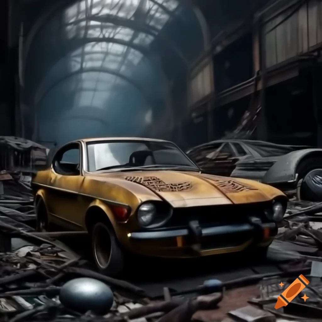 Ghosts swirling in dark night near rusty yellow Datsun in haunted junkyard