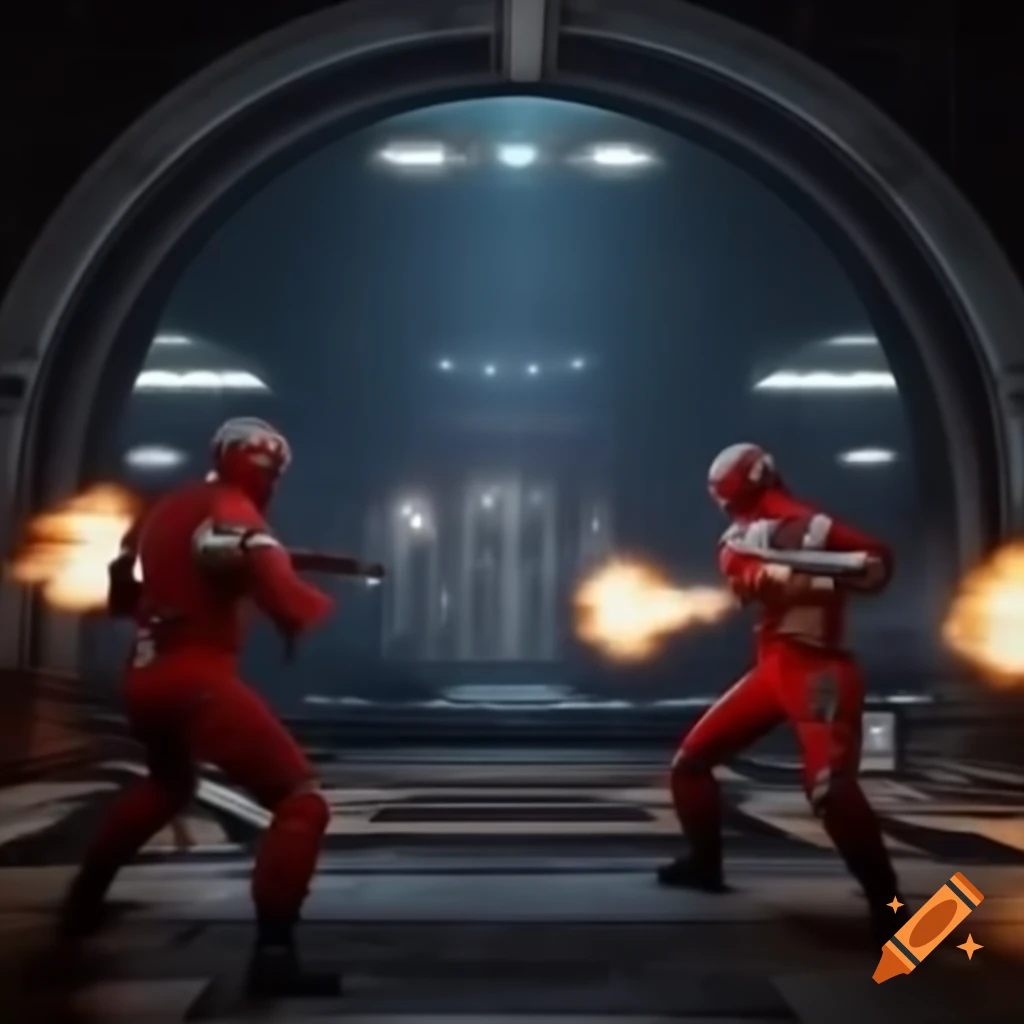 Timelords and Chancellery Guards engaged in battle inside futuristic cathedral-like city with explosions