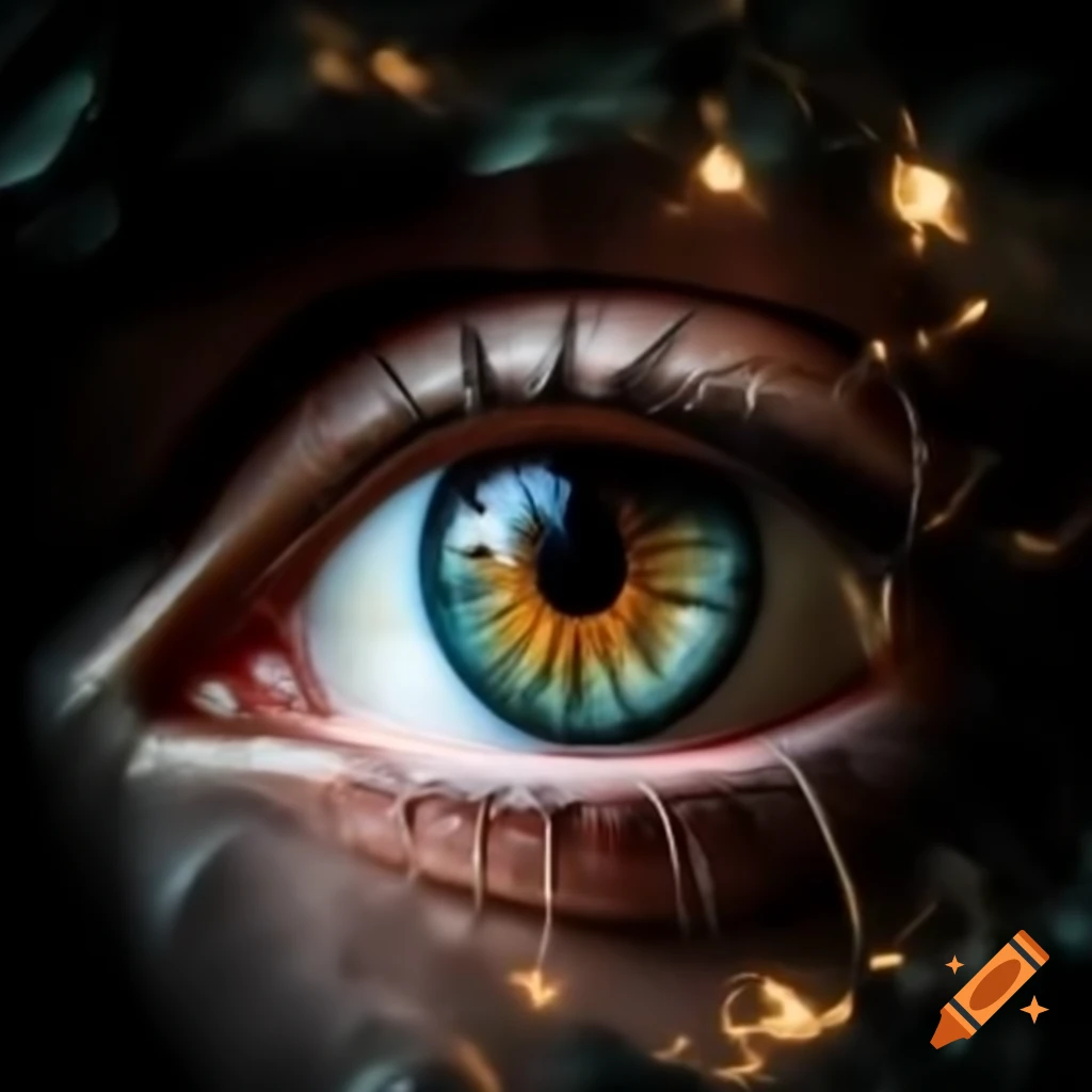 Illuminated angel eye surrounded by radiant light