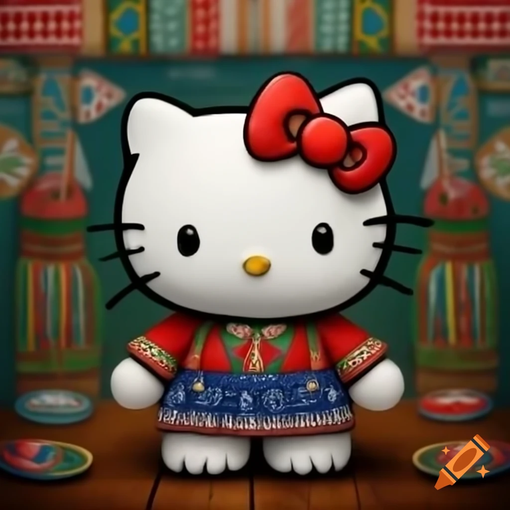 Hello Kitty in traditional Danish clothing with Chilean background