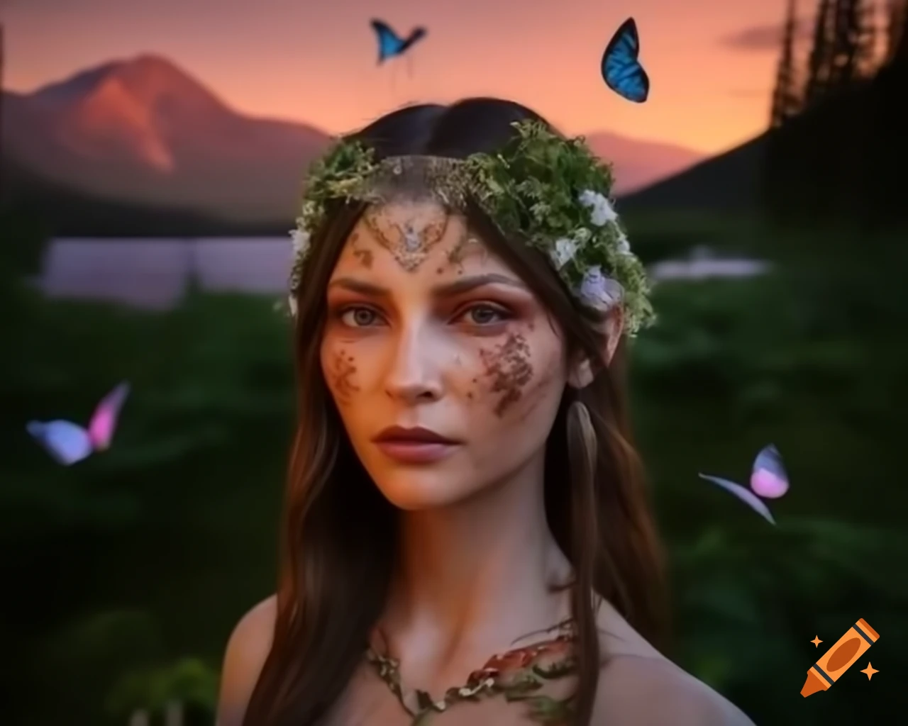 Hyperrealistic portrait of Slavic woman adorned with flowers and butterflies in her hair