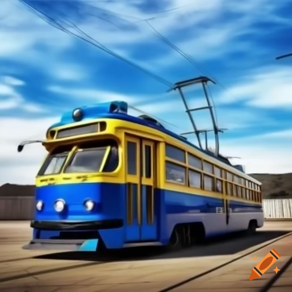 Lowrider tram featuring custom blue and yellow metallic paint job with