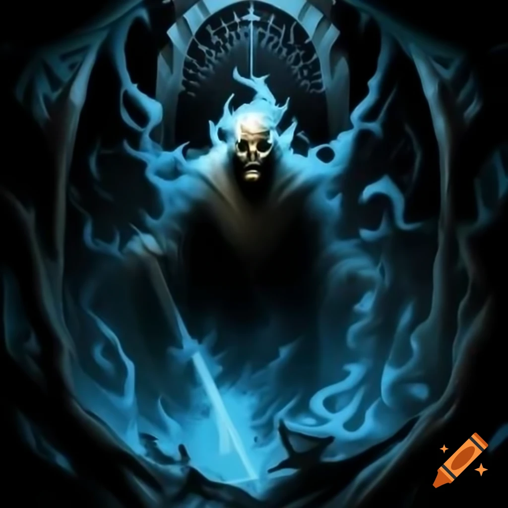 Demonic skeletal figure glowing with ethereal blue flames
