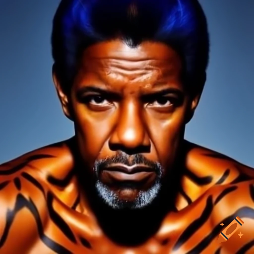 Muscular figure with tiger-style makeup featuring blue hair and black stripes