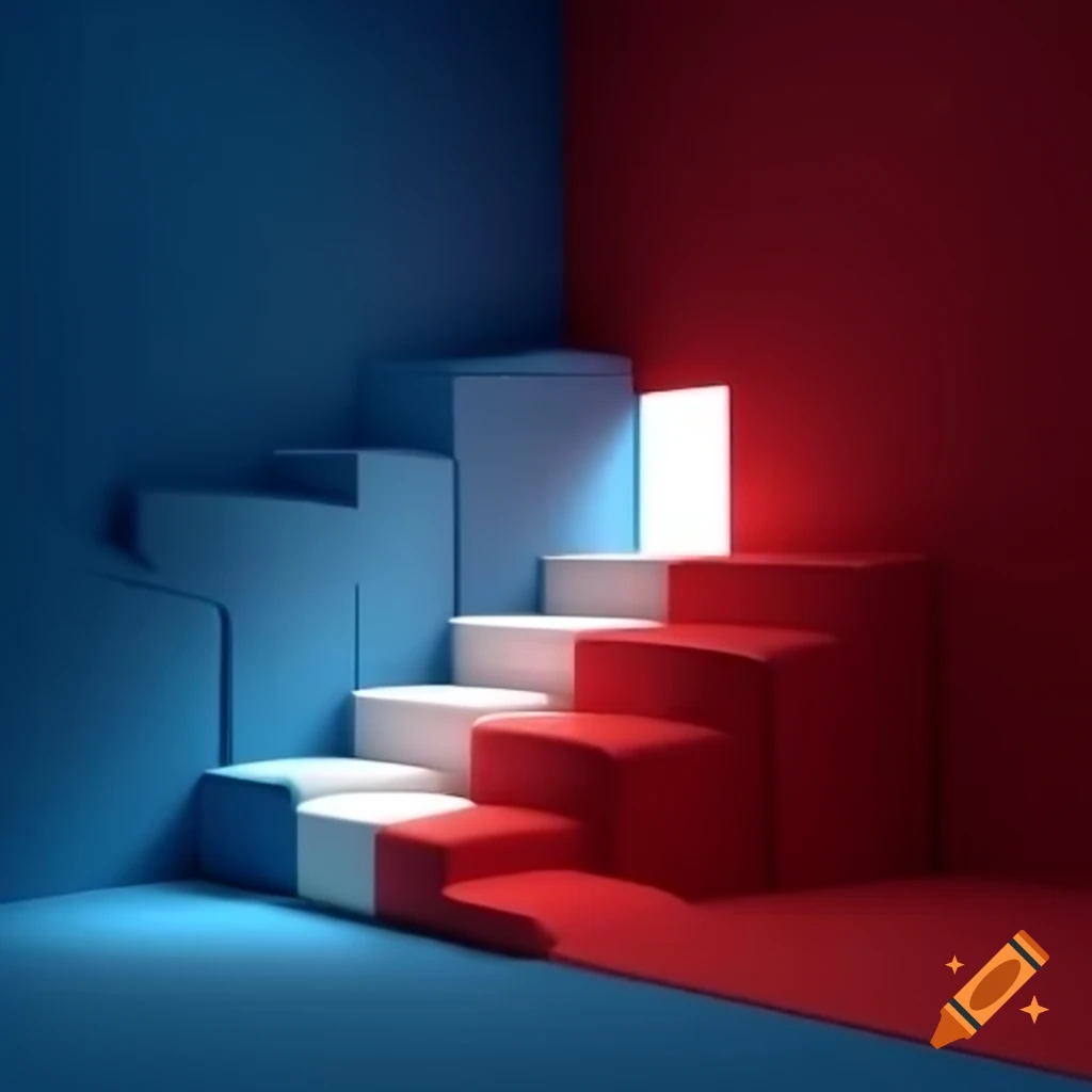Geometric cubes creating steps with light and shadows in blue and red colors