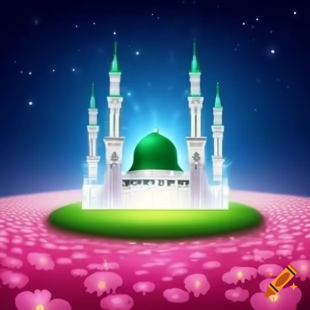 Vector art of Medina Mosque with green dome surrounded by pink flowers and stars