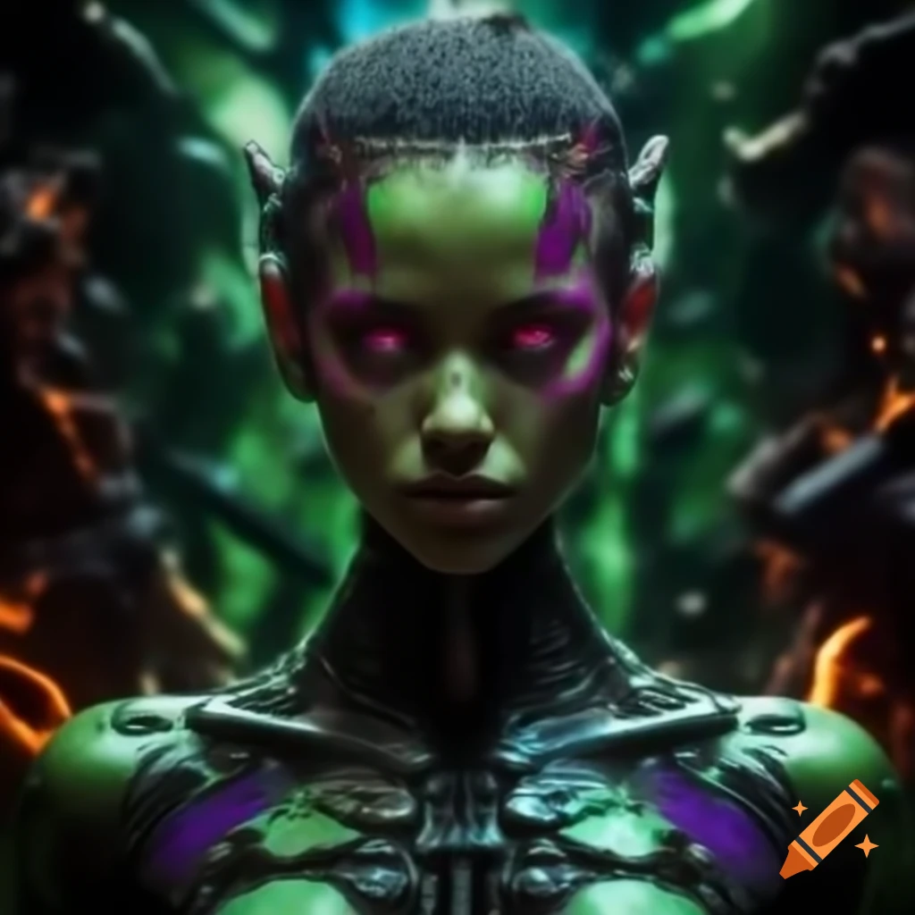 Close-up of synthetic figure's eyes in neon-lit environment with glowing veins