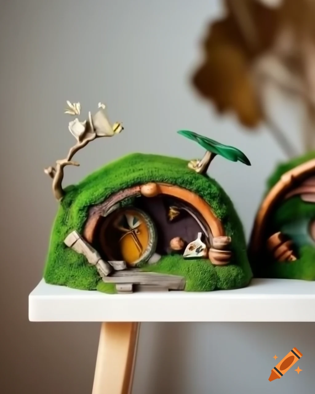 Miniature moss-covered hobbit homes on minimalist shelf