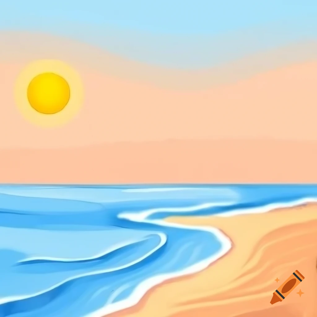 Realistic pencil drawing of sea at sunset with palm trees and sand coast