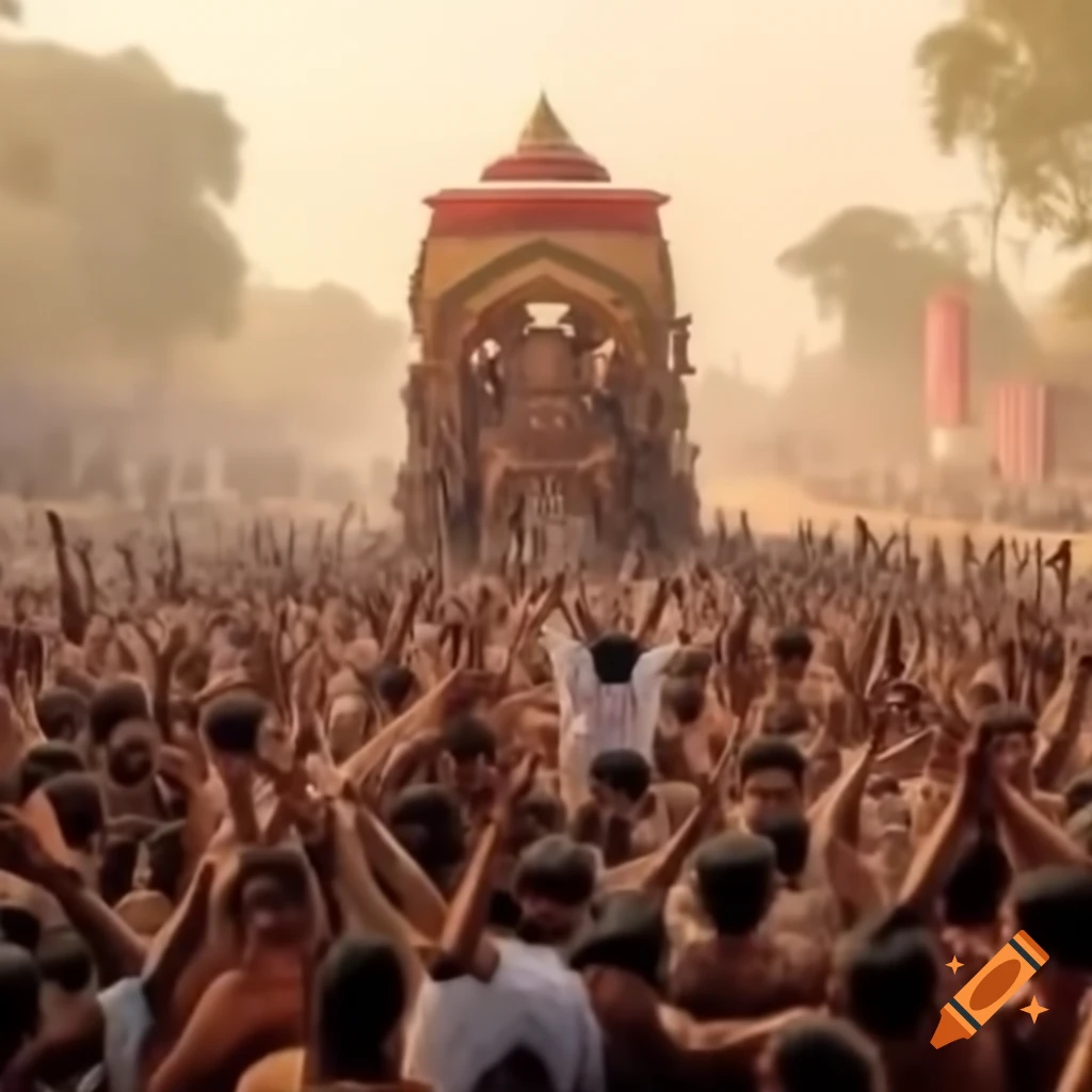 Chariot pulled by hero of Bastar with celebrating crowd