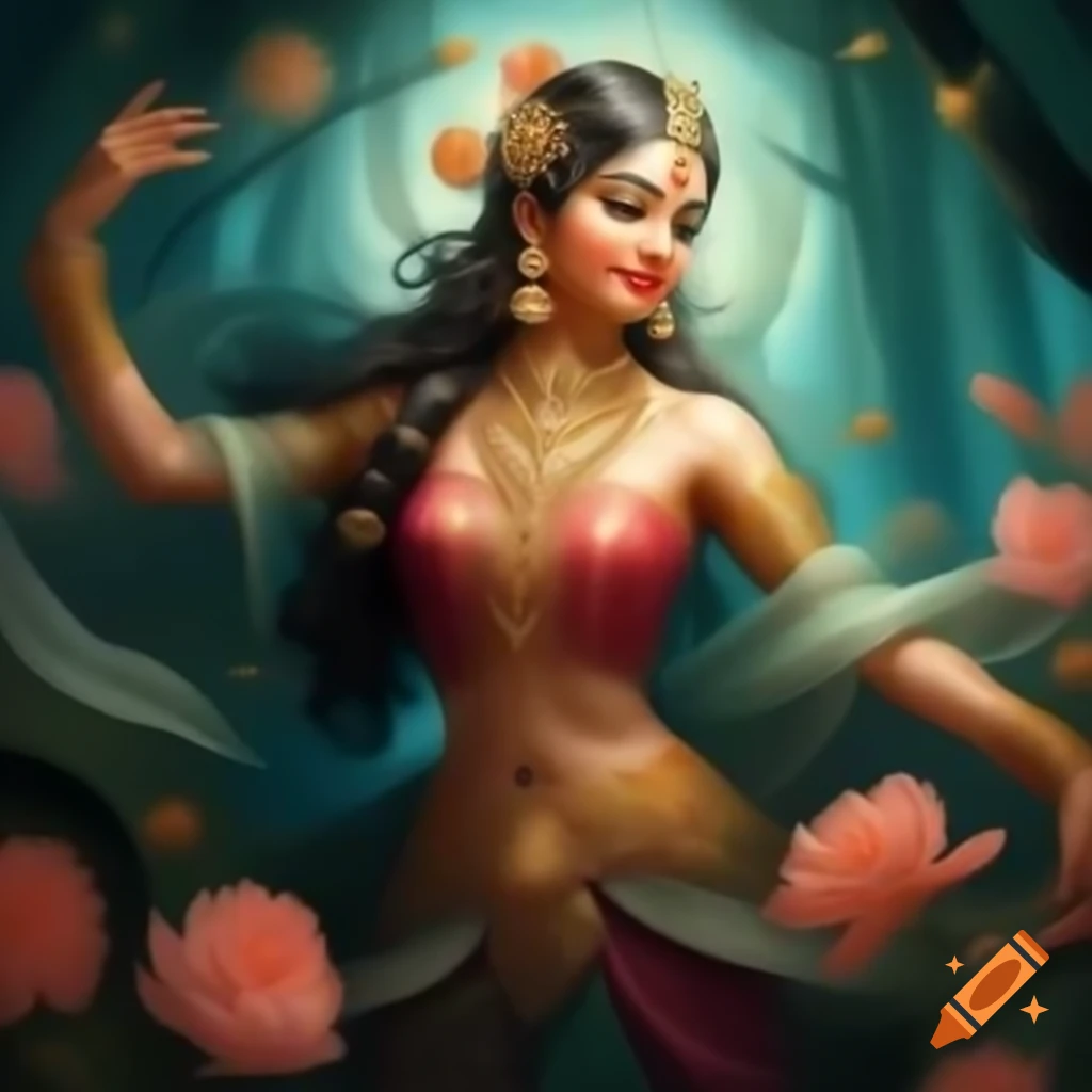 Celestial nymphs in traditional Indian dress dancing in Himalayan forest