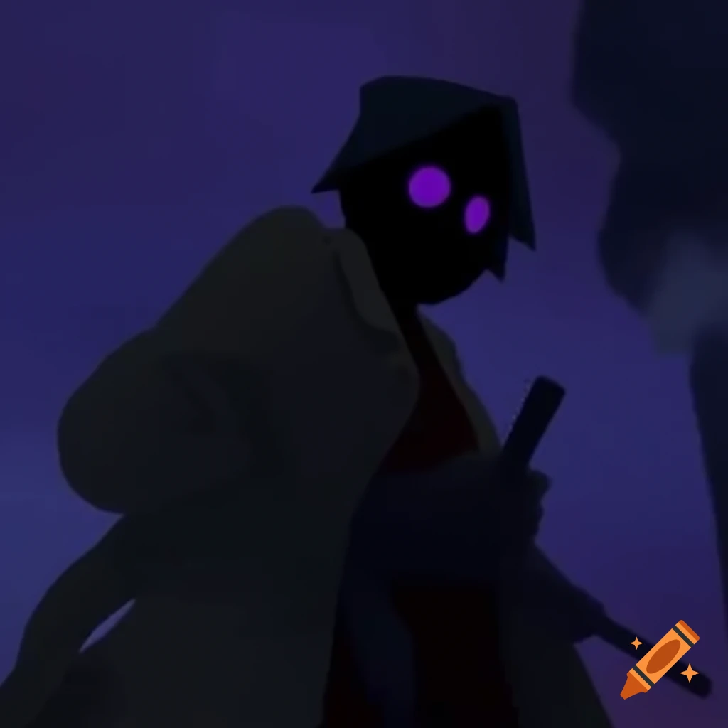 Shadowy figure in trench coat holding pistol against deep purple background