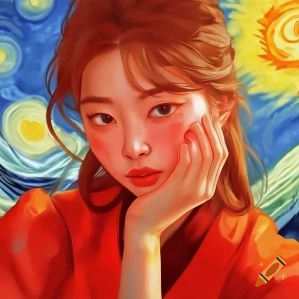Korean woman in red, animated portrait with watercolor and Rembrandt style