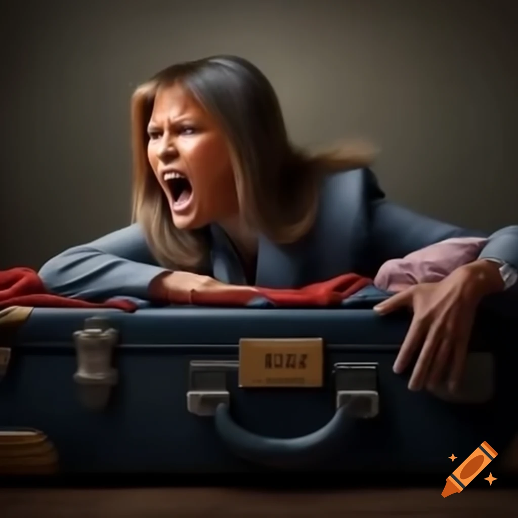 Photorealistic portrayal of an angry woman packing clothes into a suitcase