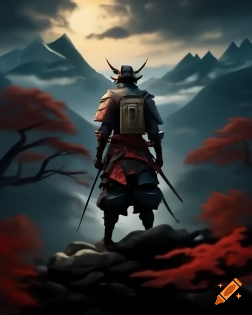 Wandering samurai overlooking mountain forest in evening, dark fantasy atmosphere