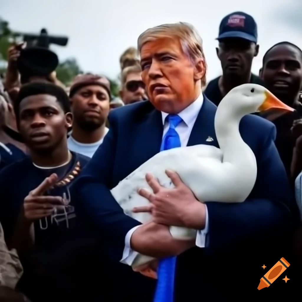 Satirical scene of a character chased by people holding a goose