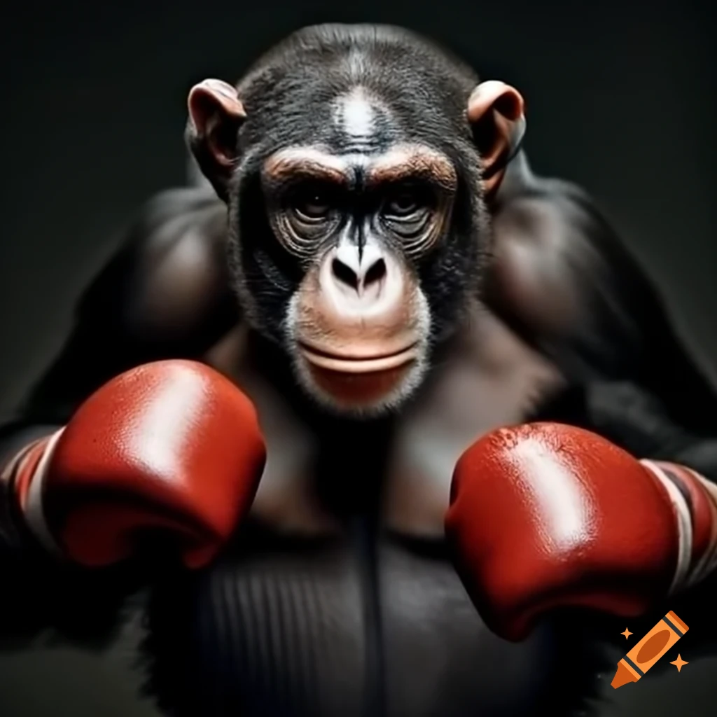 Muscular chimpanzee wearing boxing gloves