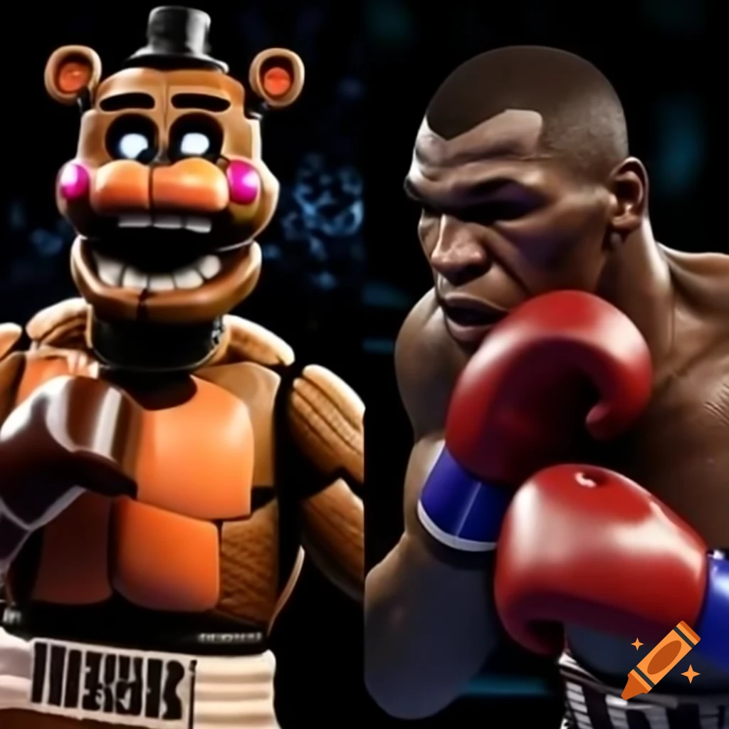 Intense boxing match featuring Mike Tyson and Freddy Fazbear in high definition