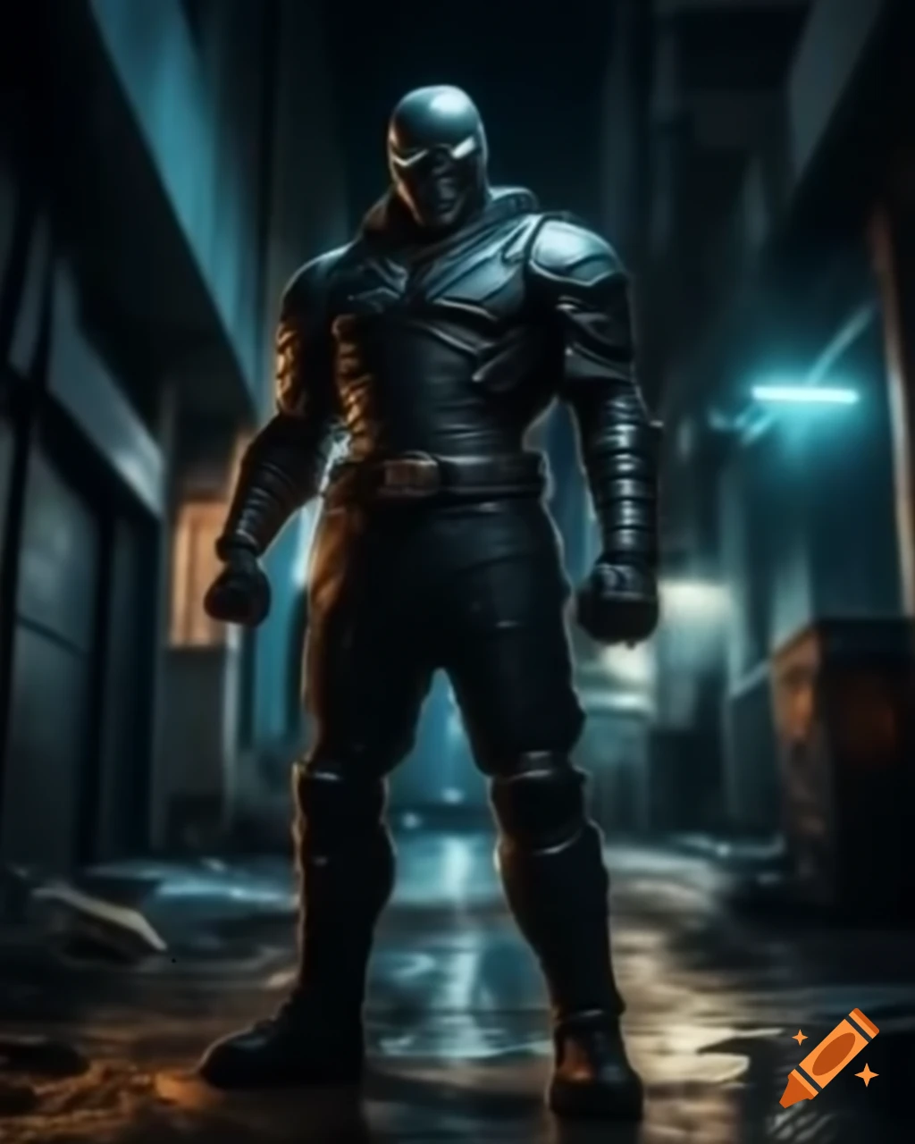Tall masked villain in body armor with goggles in city alley at night